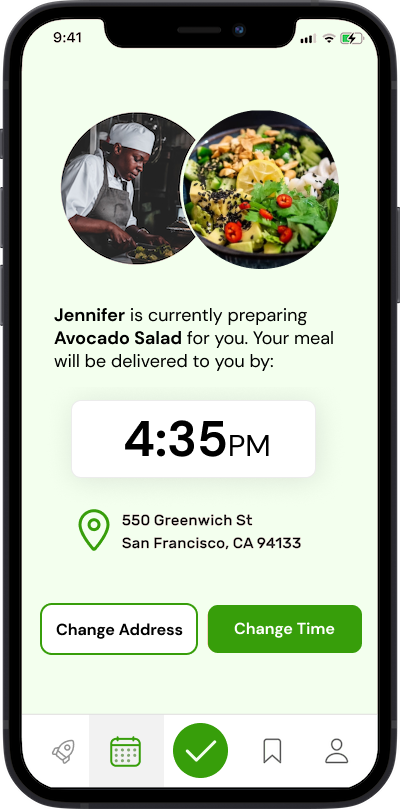 screenshot of what time and what meals will arrive on the mobile app
