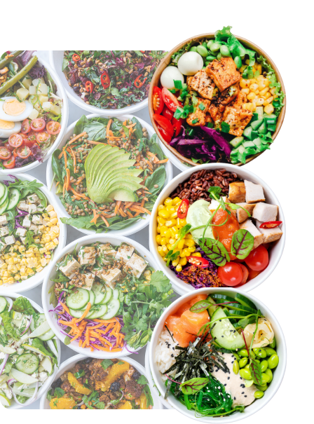 Several bowls of healthy meals, primarily salads and vegetarian